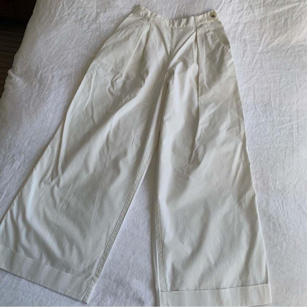 Doen Hilaire Cotton High Waist Wide Leg Cuff Palazzo Pants Trousers Salt White - Picture 8 of 14